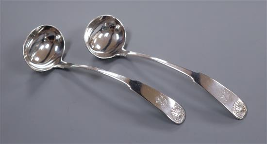 A pair of Scottish silver fiddle and shell pattern sauce ladles, William Forrest & Co, Edinburgh, 1822.